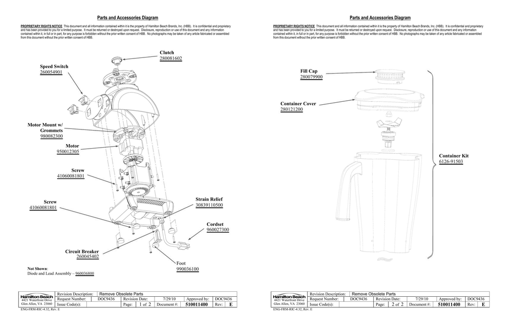 Diagram Diagram and Parts List for 915  Hamilton Beach Blender
